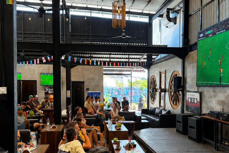 A full house at Garden Canggu watching live football on the big screens
