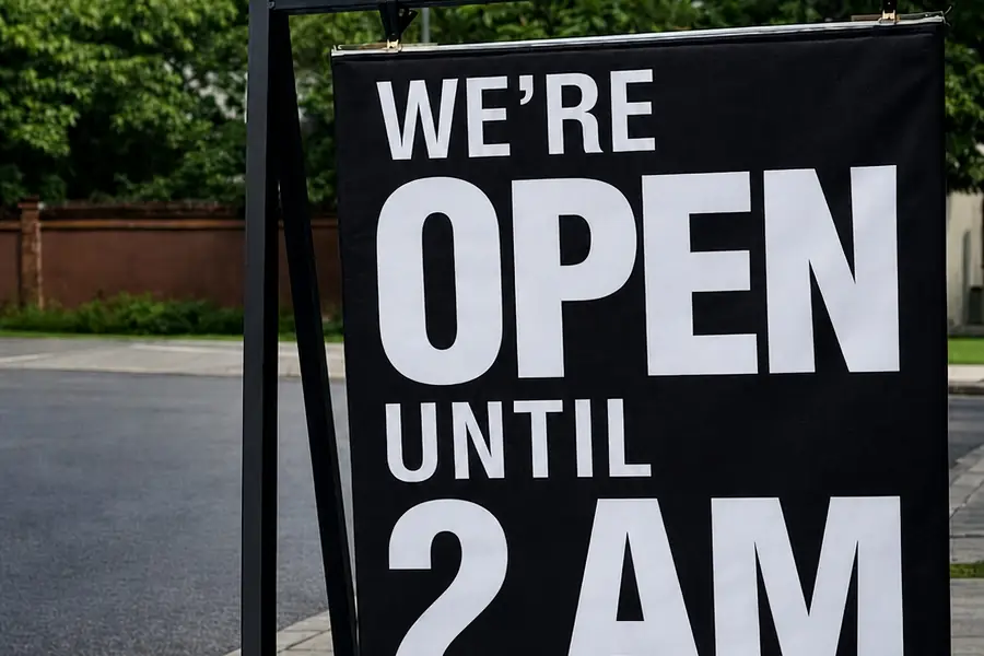 The Garden Canggu street sign: open until 00:00 every day
