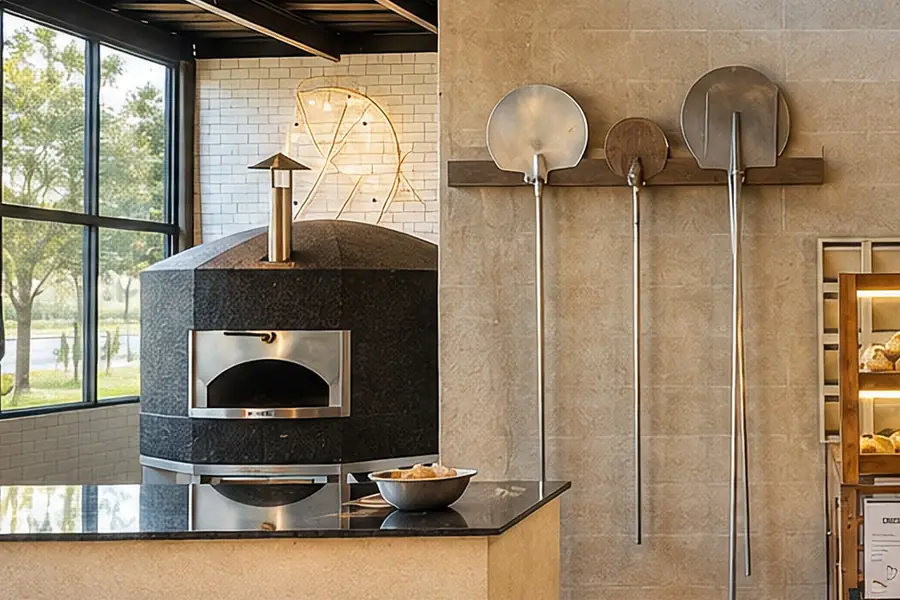 The lava stone pizza oven and hanging pizza peels at Garden Canggu