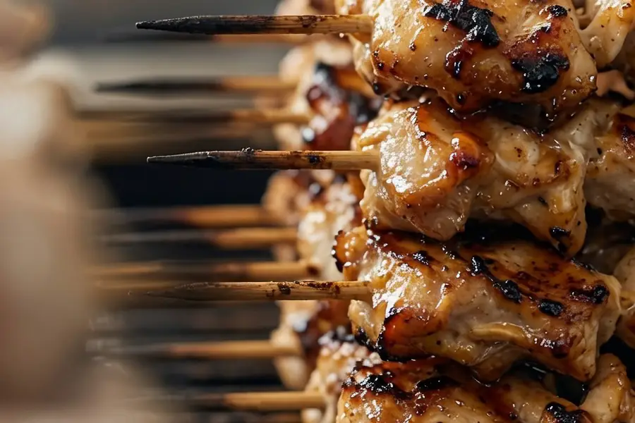 Chicken skewers over the grill at Garden Canggu