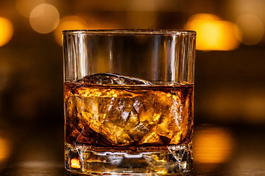A whisky on the rocks at the Garden Canggu bar, late in the evening